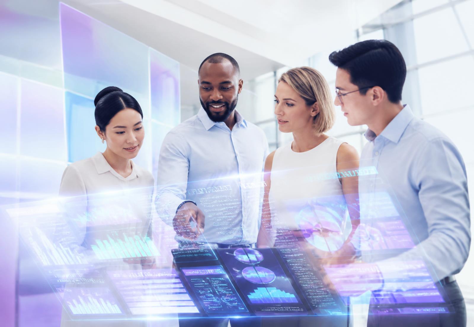 Team reviewing glowing holographic marketing dashboards in a bright modern office
