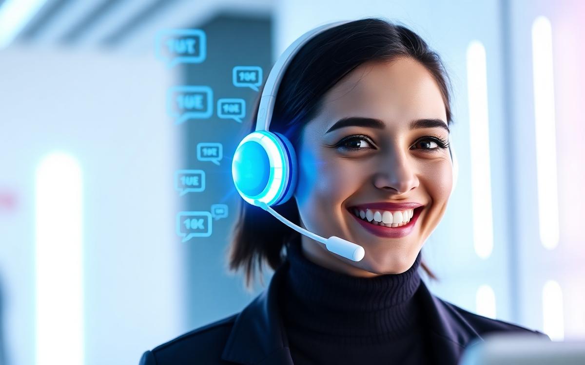 Smiling support agent with a headset surrounded by glowing AI chat bubbles