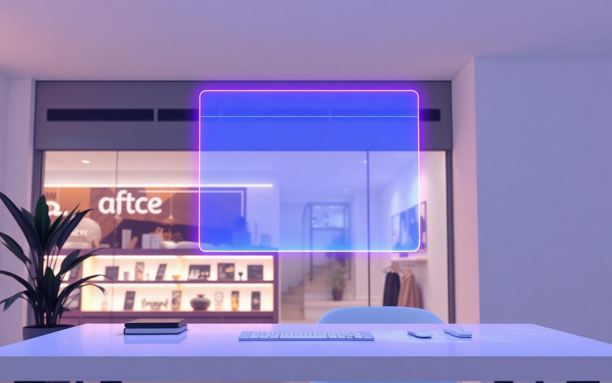 Floating holographic website layout glowing above a bright modern workspace