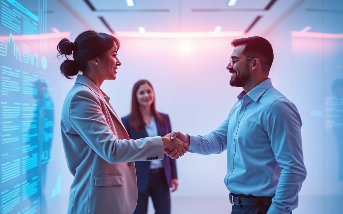 Two professionals shaking hands in a bright office with holographic data panels
