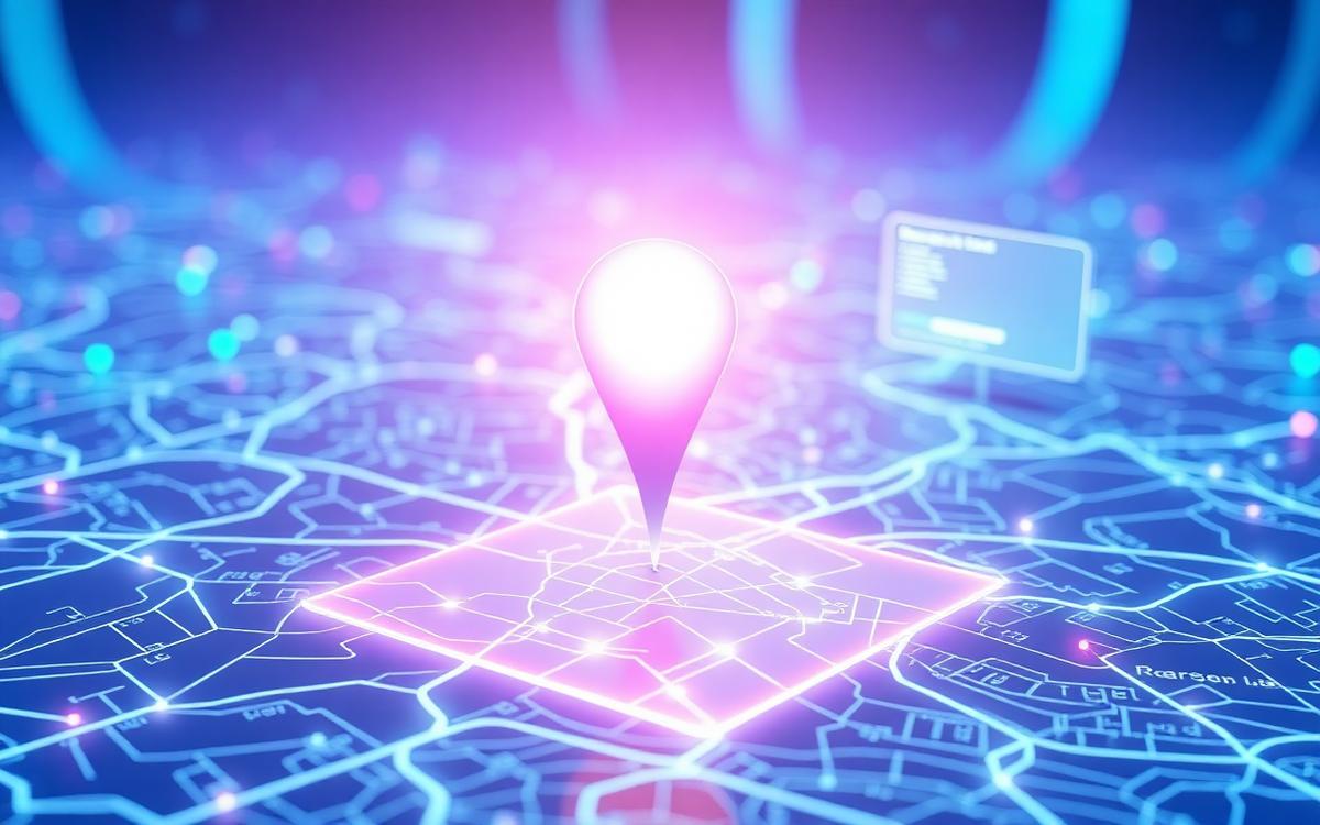 Luminous map pin hovering over a glowing city street grid