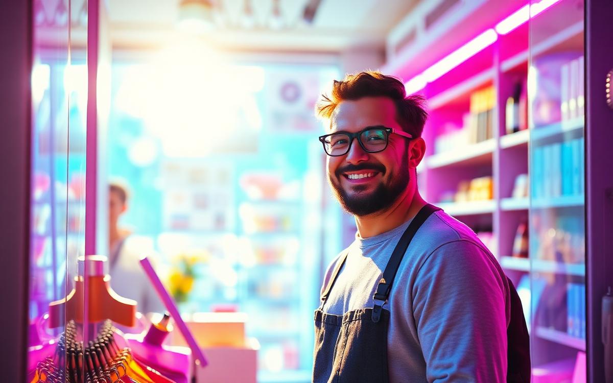 Small business owner smiling inside a bright, colorful shop